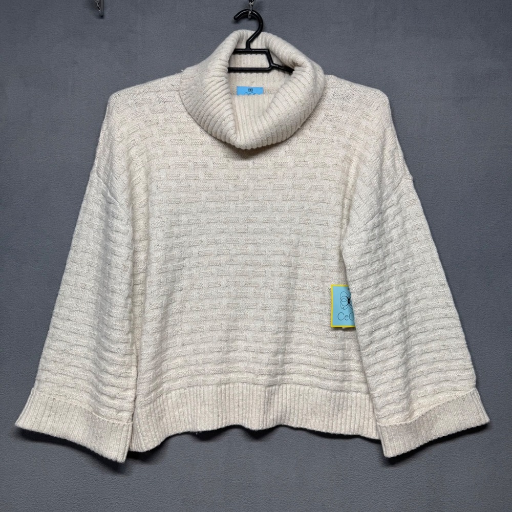 CeCe Cowl Neck Turtleneck Metallic Knit Boxy Basketweave Sweater XL Birch